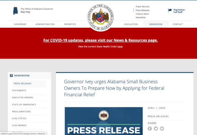 Governor Kay Ivey Issues Letter Urging Small Business Owners to Quickly Apply for Federal Stimulus Dollars in Response to Covid-19 Business Disruption